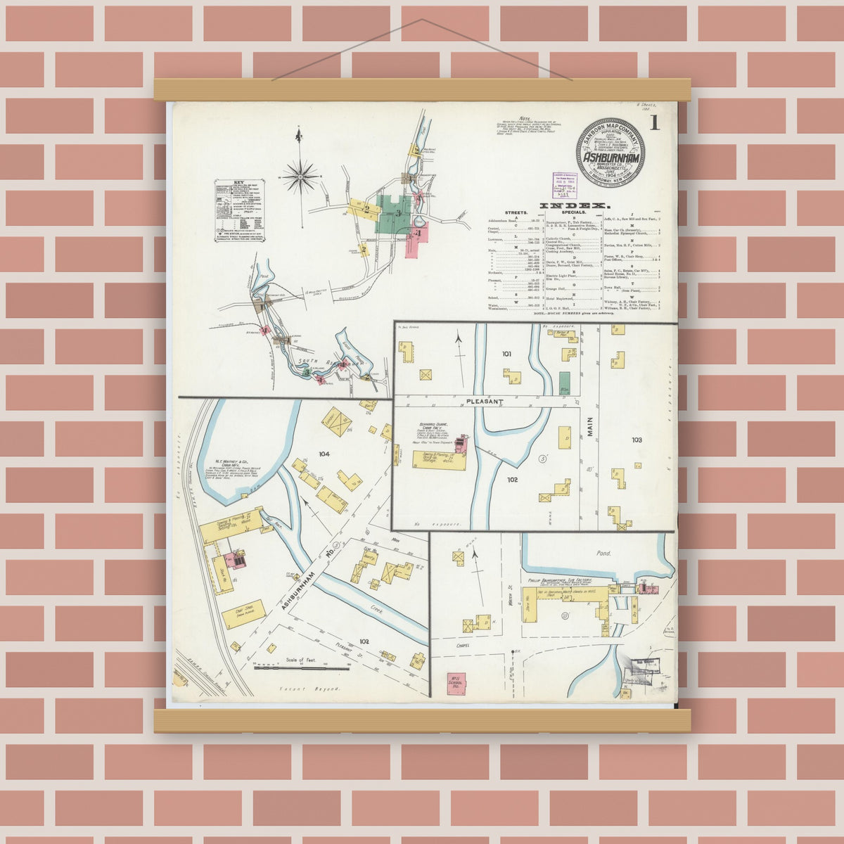 Old map wall art mockup — magnetic wood frame on brick wall — Sanborn Fire Insurance Map from Ashburnham, Worcester County, Massachusetts (1904) - Complete Map Set