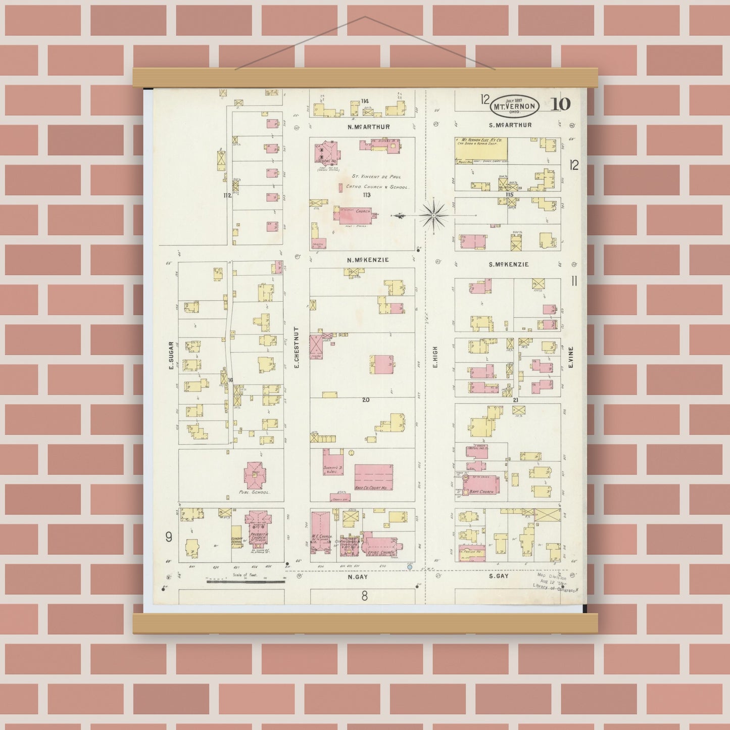 Old map wall art mockup — magnetic wood frame on brick wall — Sanborn Fire Insurance Map from Mount Vernon, Knox County, Ohio (1897), Sheet #0010