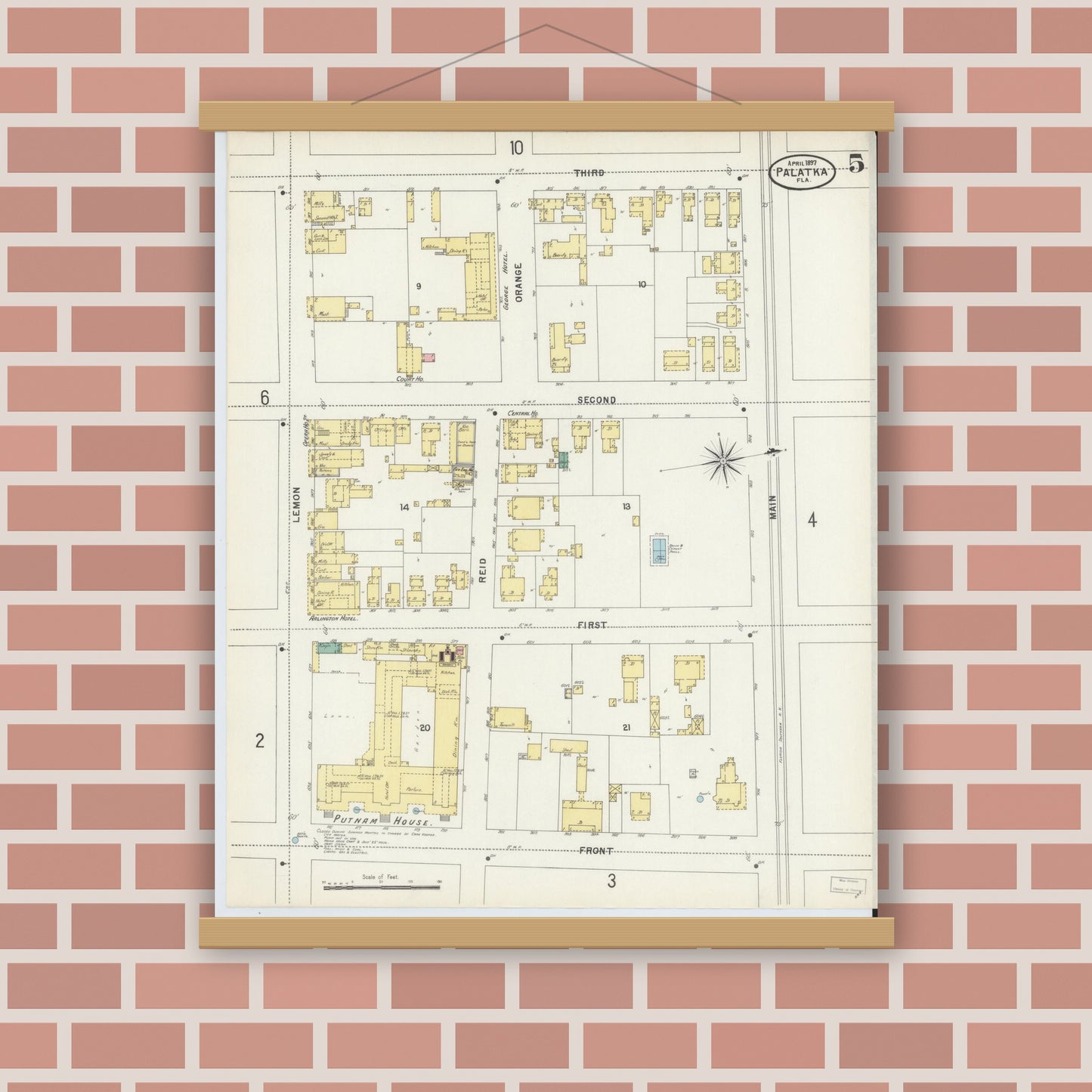 Old map wall art mockup — magnetic wood frame on brick wall — Sanborn Fire Insurance Map from Palatka, Putnam County, Florida (1897), Sheet #0005