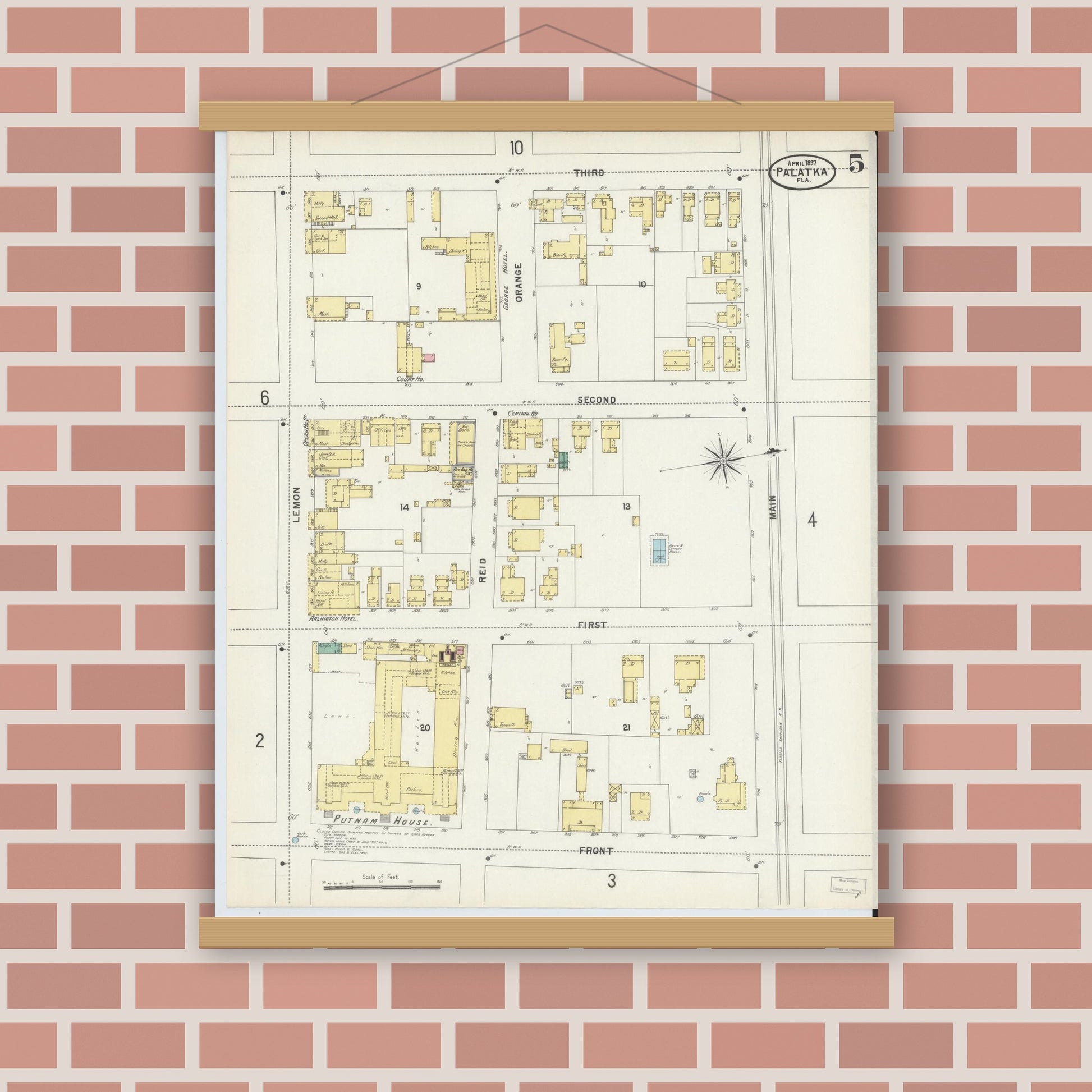 Old map wall art mockup — magnetic wood frame on brick wall — Sanborn Fire Insurance Map from Palatka, Putnam County, Florida (1897), Sheet #0005