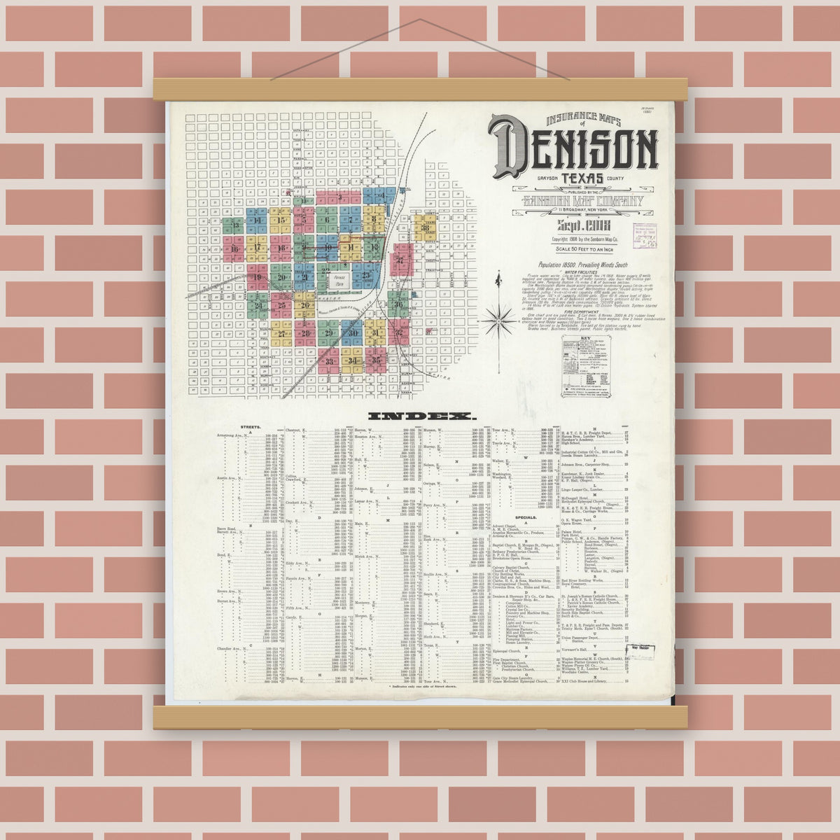 Old map wall art mockup — magnetic wood frame on brick wall — Sanborn Fire Insurance Map from Denison, Grayson County, Texas (1908) - Complete Map Set