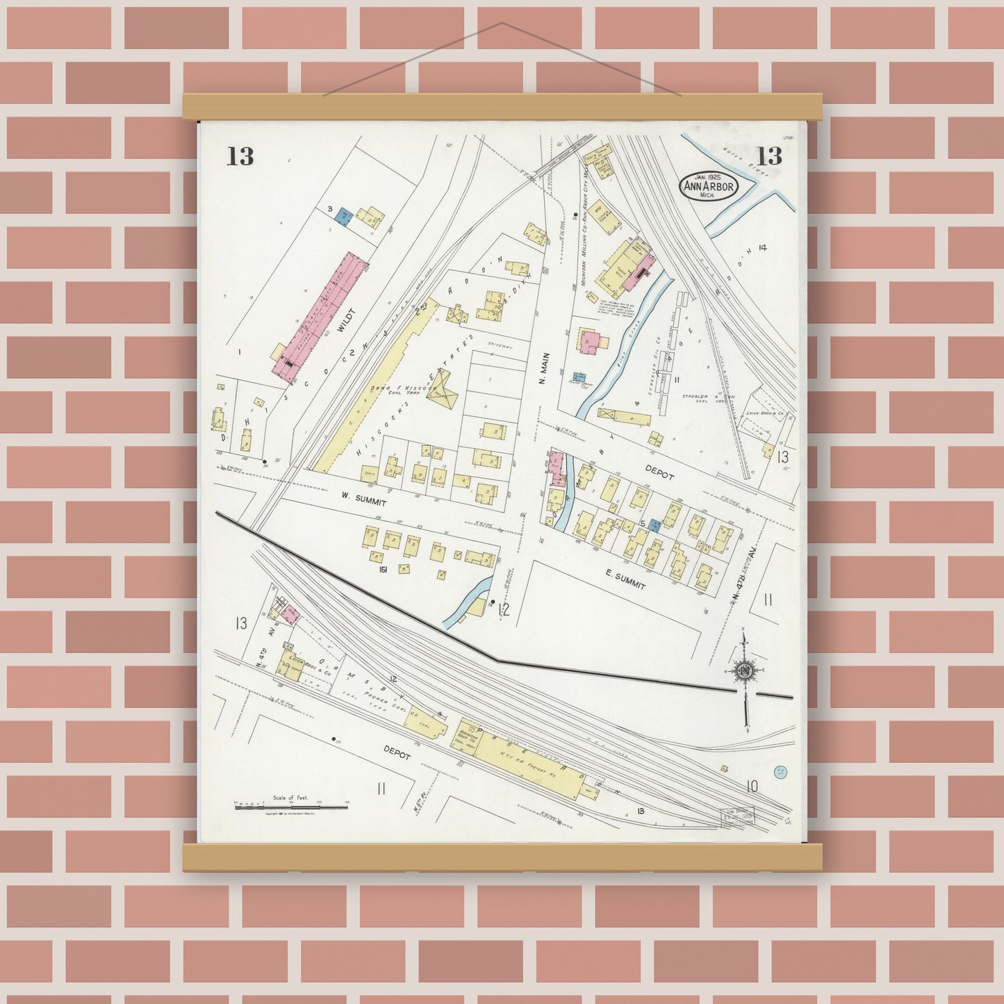 Old map wall art mockup — magnetic wood frame on brick wall — Sanborn Fire Insurance Map from Ann Arbor, Washtenaw County, Michigan (1925), Sheet #0013
