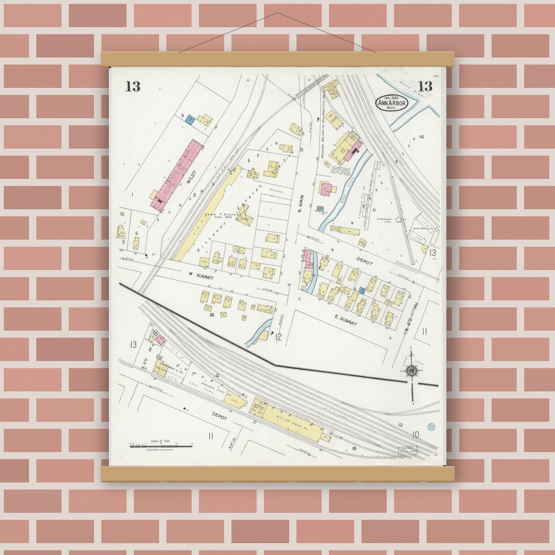 Old map wall art mockup — magnetic wood frame on brick wall — Sanborn Fire Insurance Map from Ann Arbor, Washtenaw County, Michigan (1925), Sheet #0013