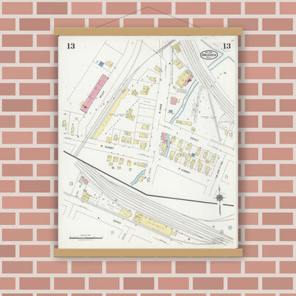 Old map wall art mockup — magnetic wood frame on brick wall — Sanborn Fire Insurance Map from Ann Arbor, Washtenaw County, Michigan (1925), Sheet #0013