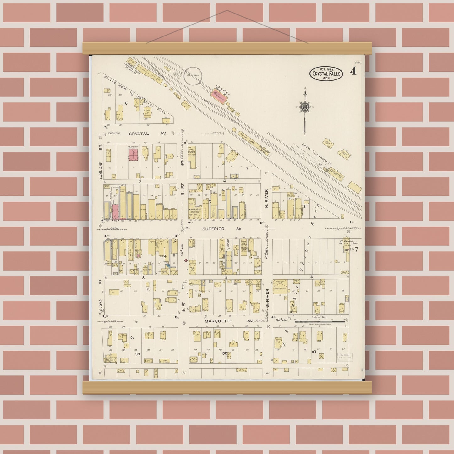 Old map wall art mockup — magnetic wood frame on brick wall — Sanborn Fire Insurance Map from Crystal Falls, Iron County, Michigan (1922), Sheet #0004