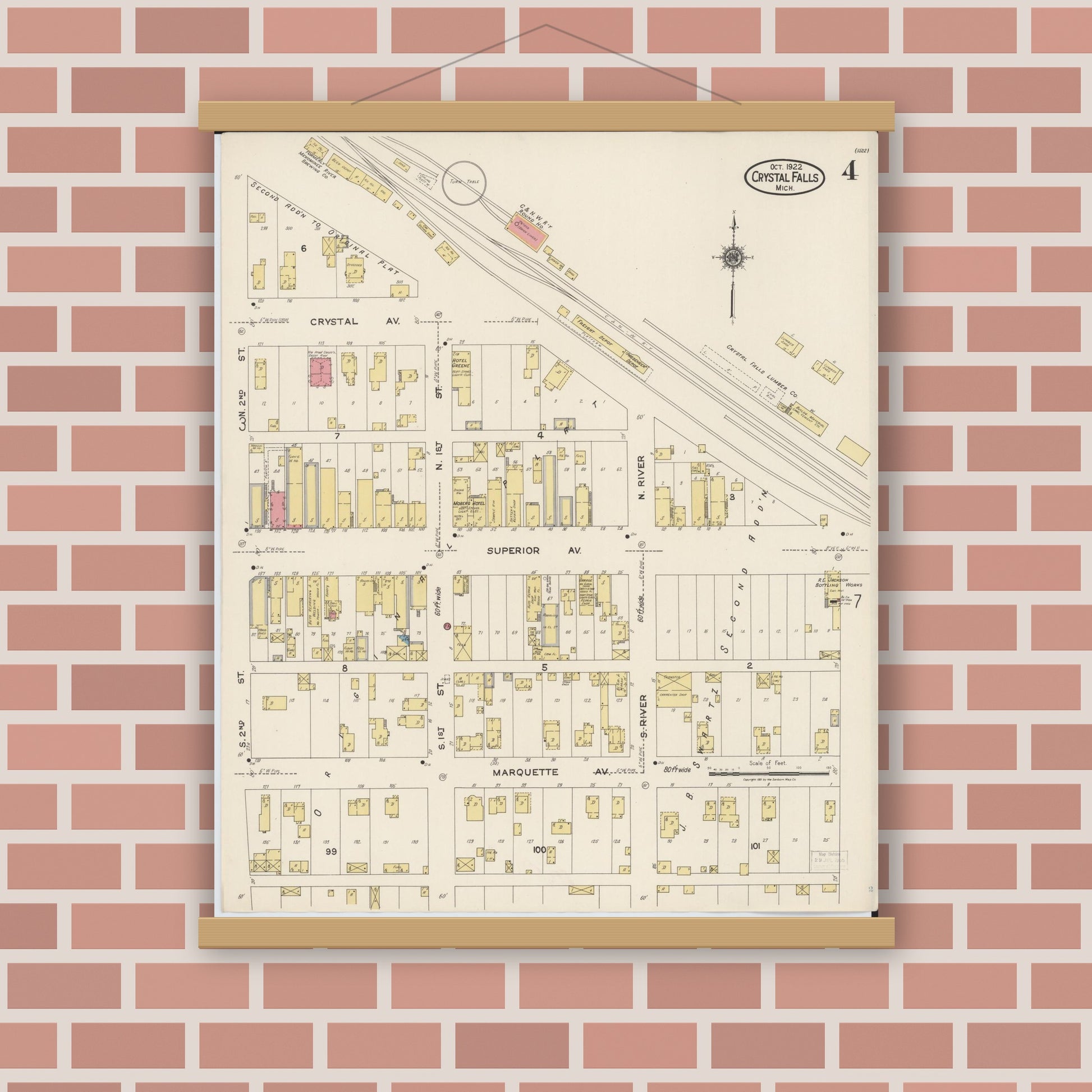 Old map wall art mockup — magnetic wood frame on brick wall — Sanborn Fire Insurance Map from Crystal Falls, Iron County, Michigan (1922), Sheet #0004