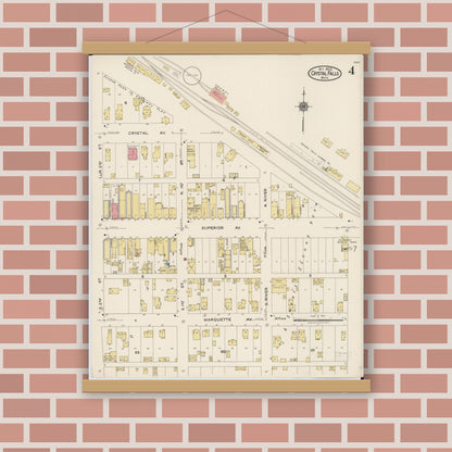 Old map wall art mockup — magnetic wood frame on brick wall — Sanborn Fire Insurance Map from Crystal Falls, Iron County, Michigan (1922), Sheet #0004