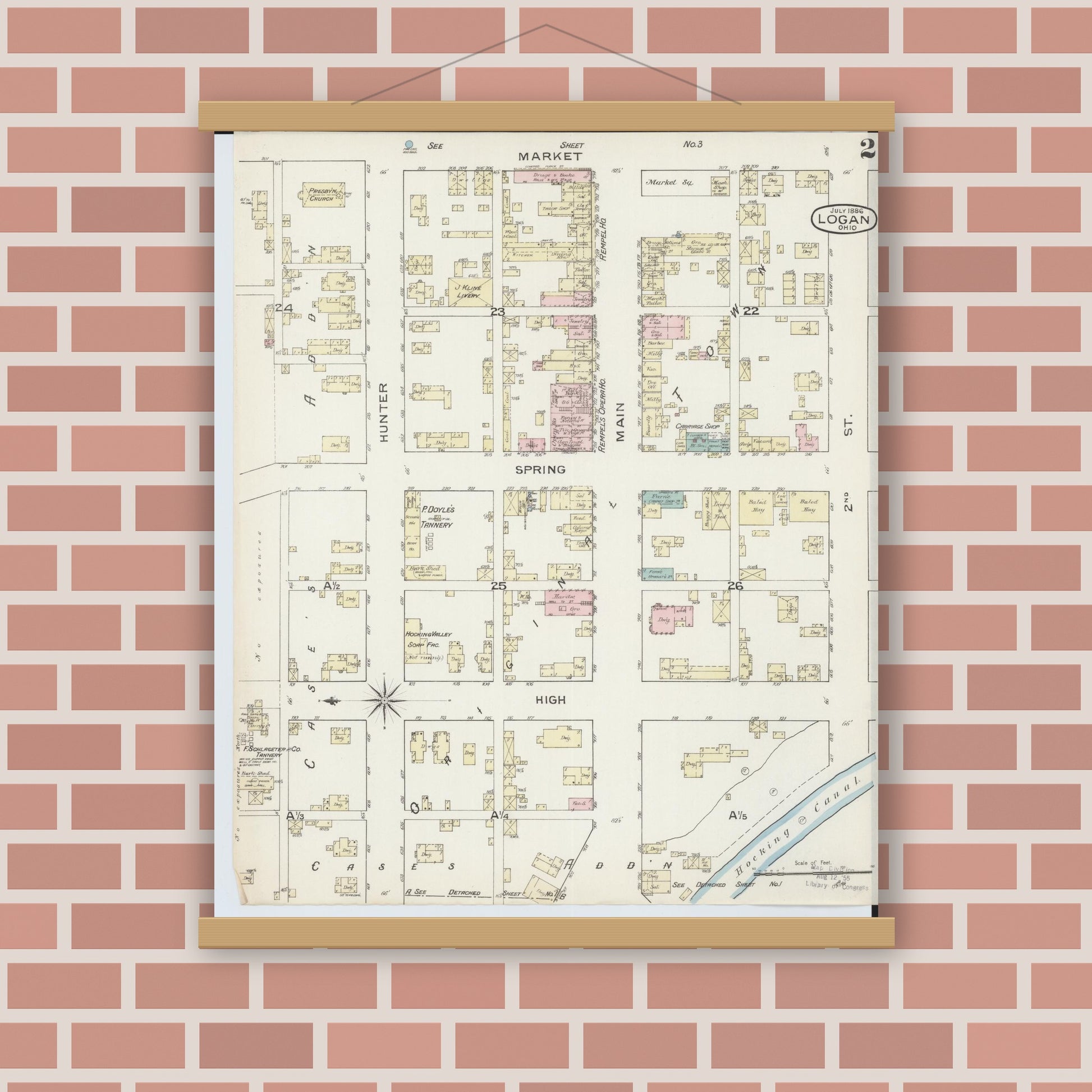 Old map wall art mockup — magnetic wood frame on brick wall — Sanborn Fire Insurance Map from Logan, Hocking County, Ohio (1886), Sheet #0002