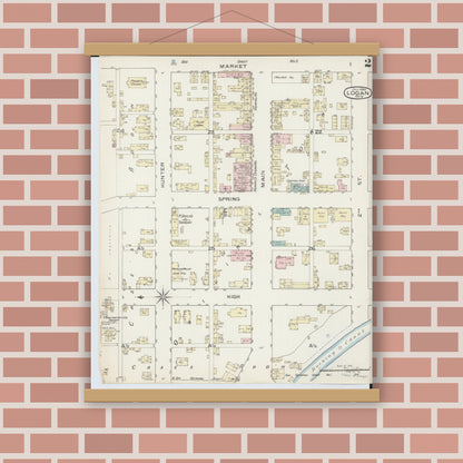 Old map wall art mockup — magnetic wood frame on brick wall — Sanborn Fire Insurance Map from Logan, Hocking County, Ohio (1886), Sheet #0002