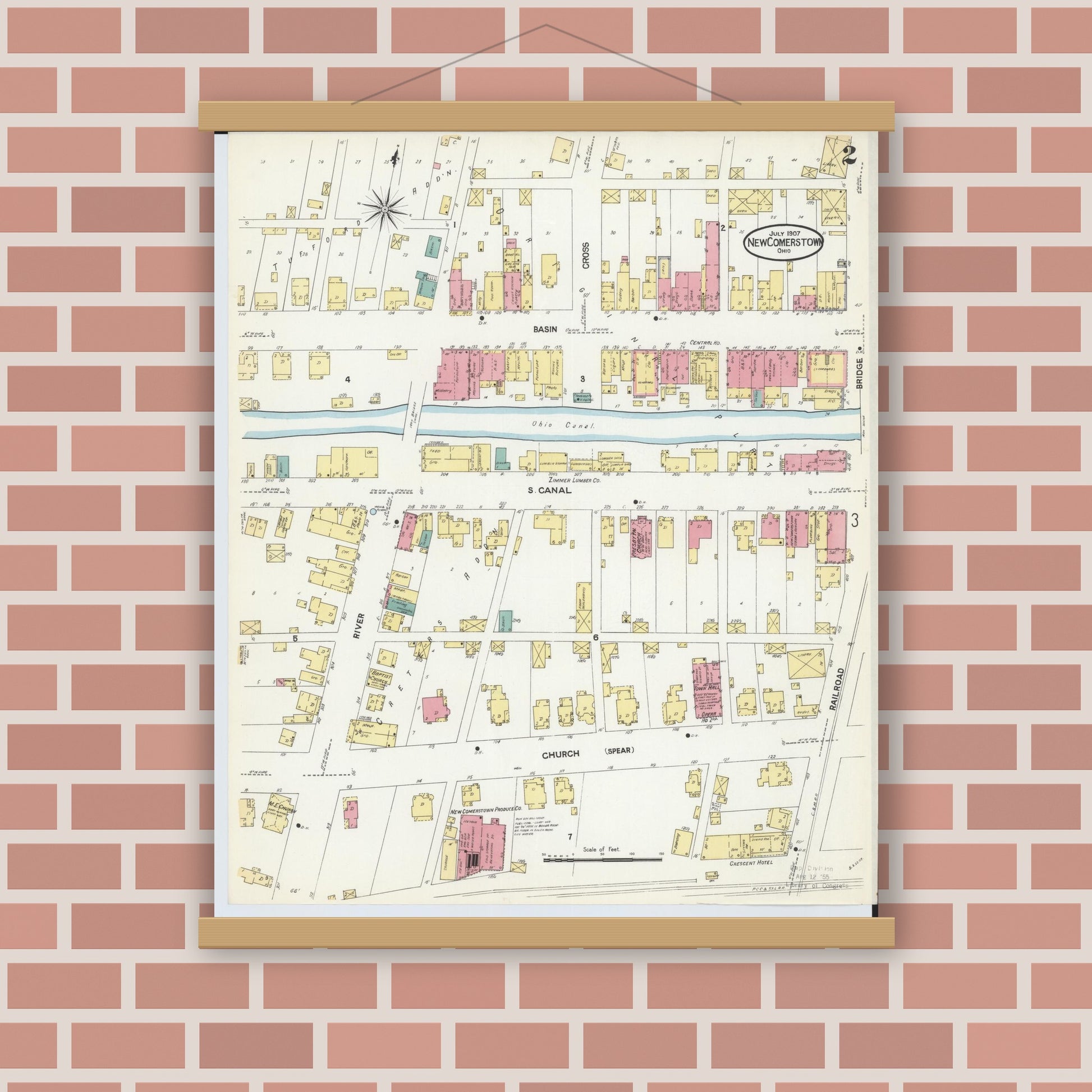 Old map wall art mockup — magnetic wood frame on brick wall — Sanborn Fire Insurance Map from Newcomerstown, Tuscarawas County, Ohio (1907), Sheet #0002