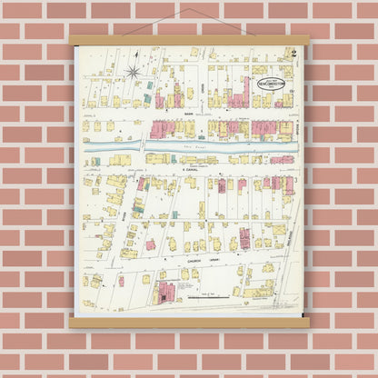 Old map wall art mockup — magnetic wood frame on brick wall — Sanborn Fire Insurance Map from Newcomerstown, Tuscarawas County, Ohio (1907), Sheet #0002