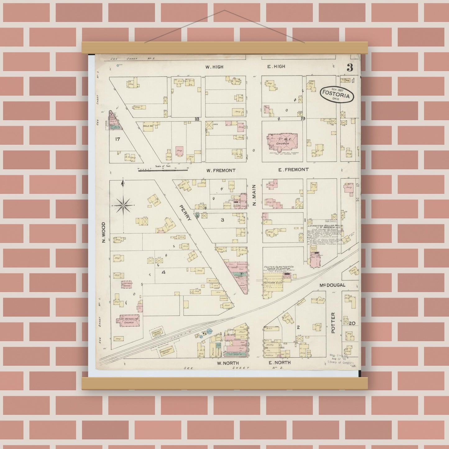 Old map wall art mockup — magnetic wood frame on brick wall — Sanborn Fire Insurance Map from Fostoria, Seneca, Hancock, And Wood Counties, Ohio (1887), Sheet #0003