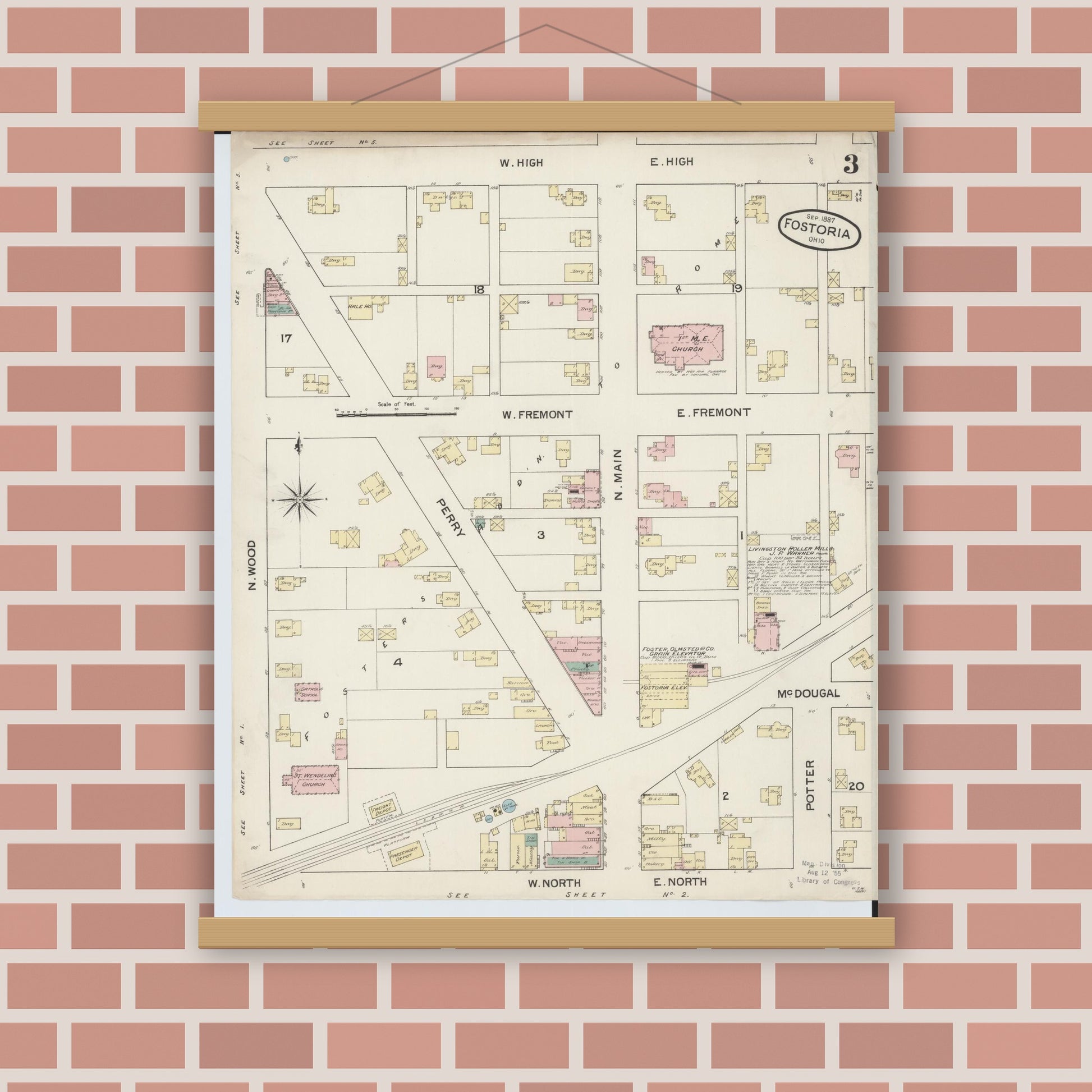 Old map wall art mockup — magnetic wood frame on brick wall — Sanborn Fire Insurance Map from Fostoria, Seneca, Hancock, And Wood Counties, Ohio (1887), Sheet #0003