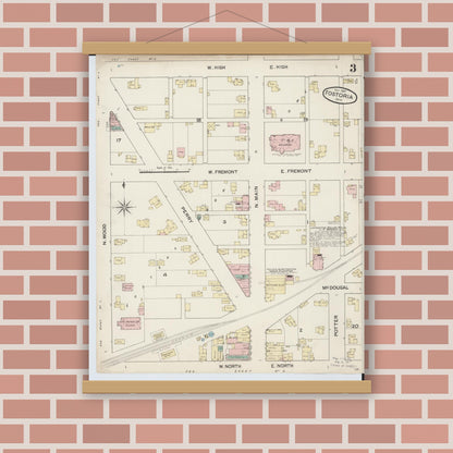 Old map wall art mockup — magnetic wood frame on brick wall — Sanborn Fire Insurance Map from Fostoria, Seneca, Hancock, And Wood Counties, Ohio (1887), Sheet #0003