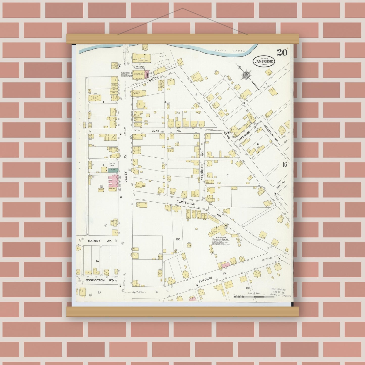 Old map wall art mockup — magnetic wood frame on brick wall — Sanborn Fire Insurance Map from Cambridge, Guernsey County, Ohio (1909), Sheet #0020