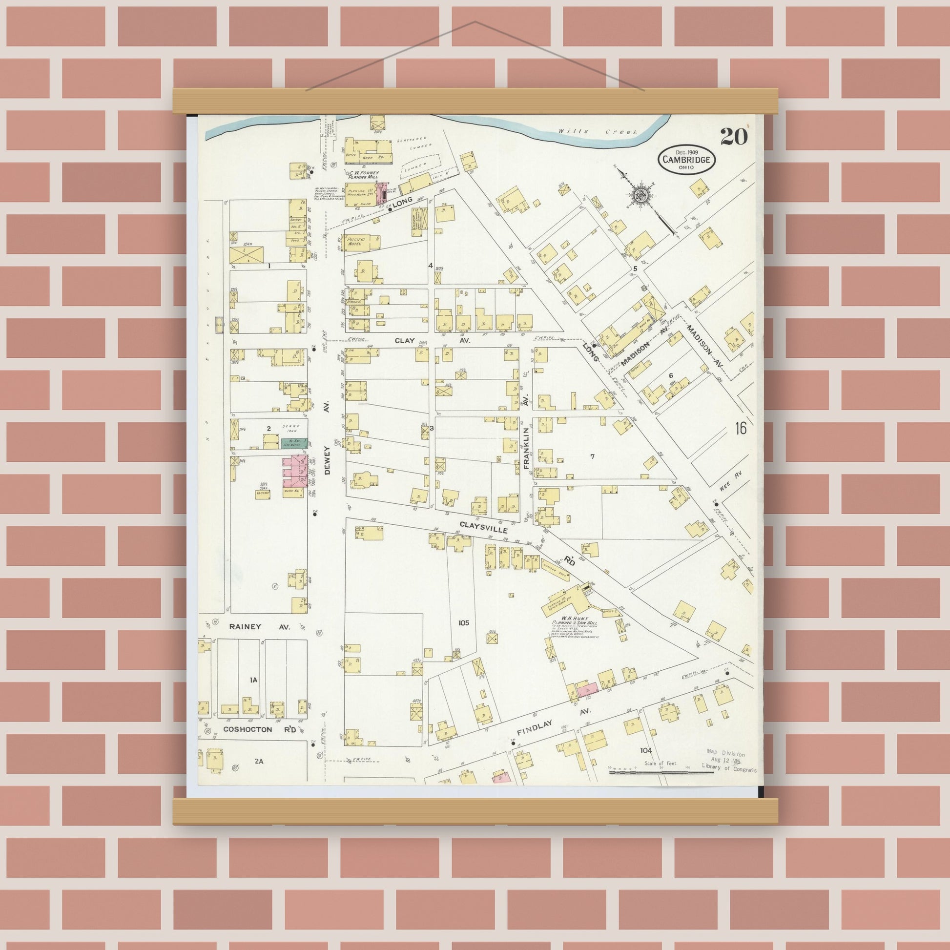 Old map wall art mockup — magnetic wood frame on brick wall — Sanborn Fire Insurance Map from Cambridge, Guernsey County, Ohio (1909), Sheet #0020