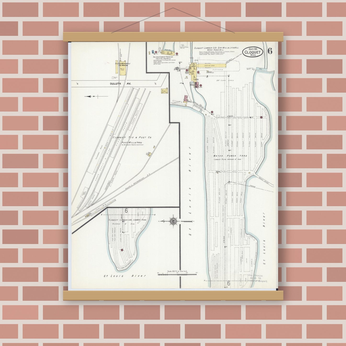 Old map wall art mockup — magnetic wood frame on brick wall — Sanborn Fire Insurance Map from Cloquet, Carlton County, Minnesota (1911), Sheet #0006