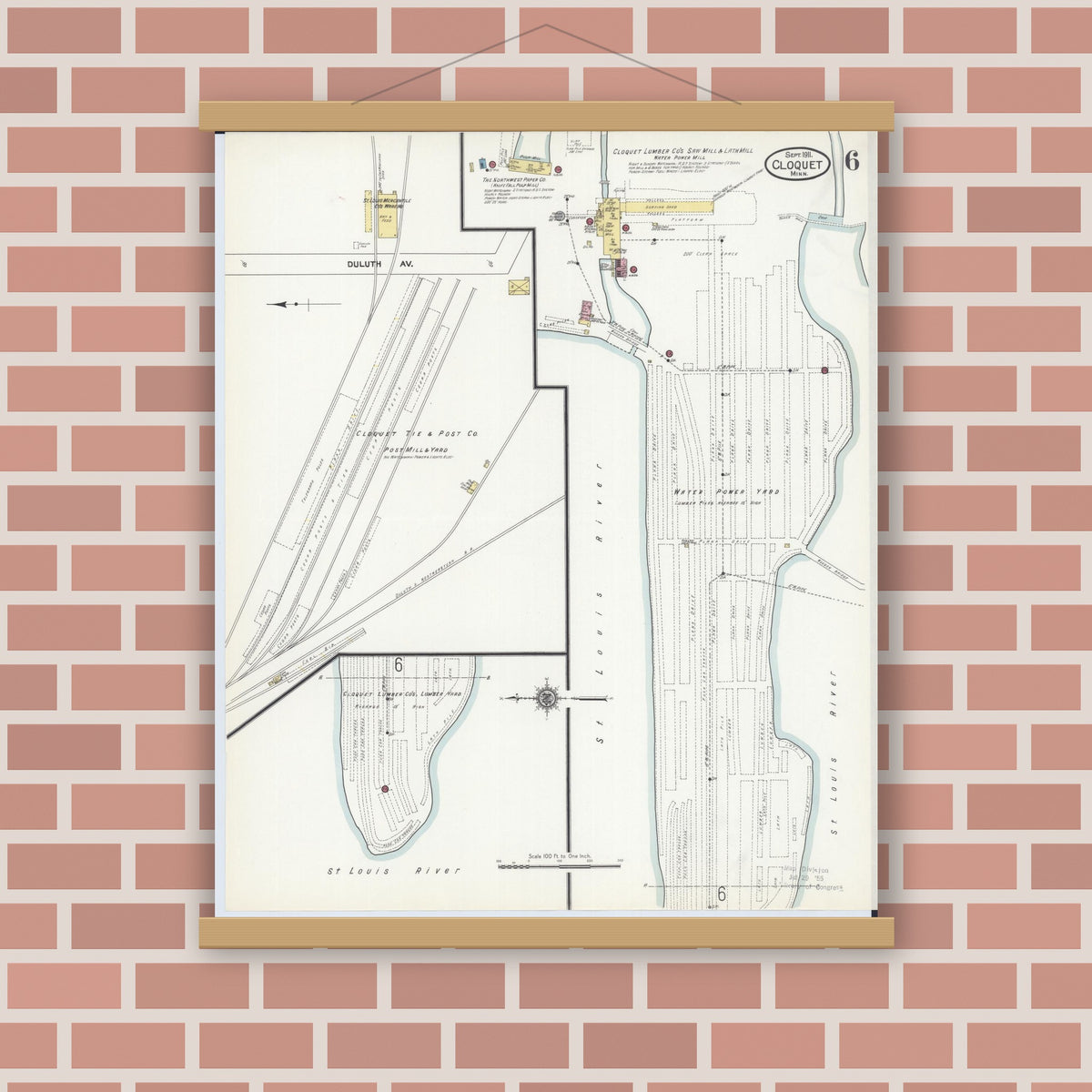 Old map wall art mockup — magnetic wood frame on brick wall — Sanborn Fire Insurance Map from Cloquet, Carlton County, Minnesota (1911), Sheet #0006