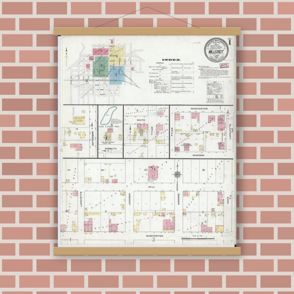 Old map wall art mockup — magnetic wood frame on brick wall — Sanborn Fire Insurance Map from Millstadt, Saint Clair County, Illinois (1910) - Complete Map Set