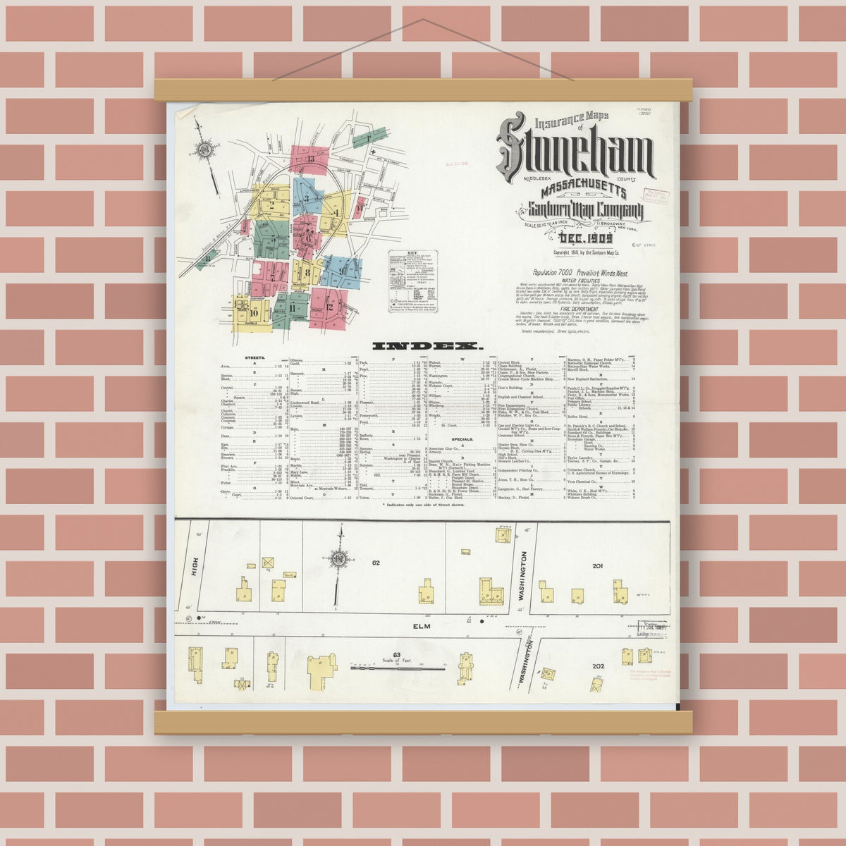 Old map wall art mockup — magnetic wood frame on brick wall — Sanborn Fire Insurance Map from Stoneham, Middlesex County, Massachusetts (1909), Sheet #0001