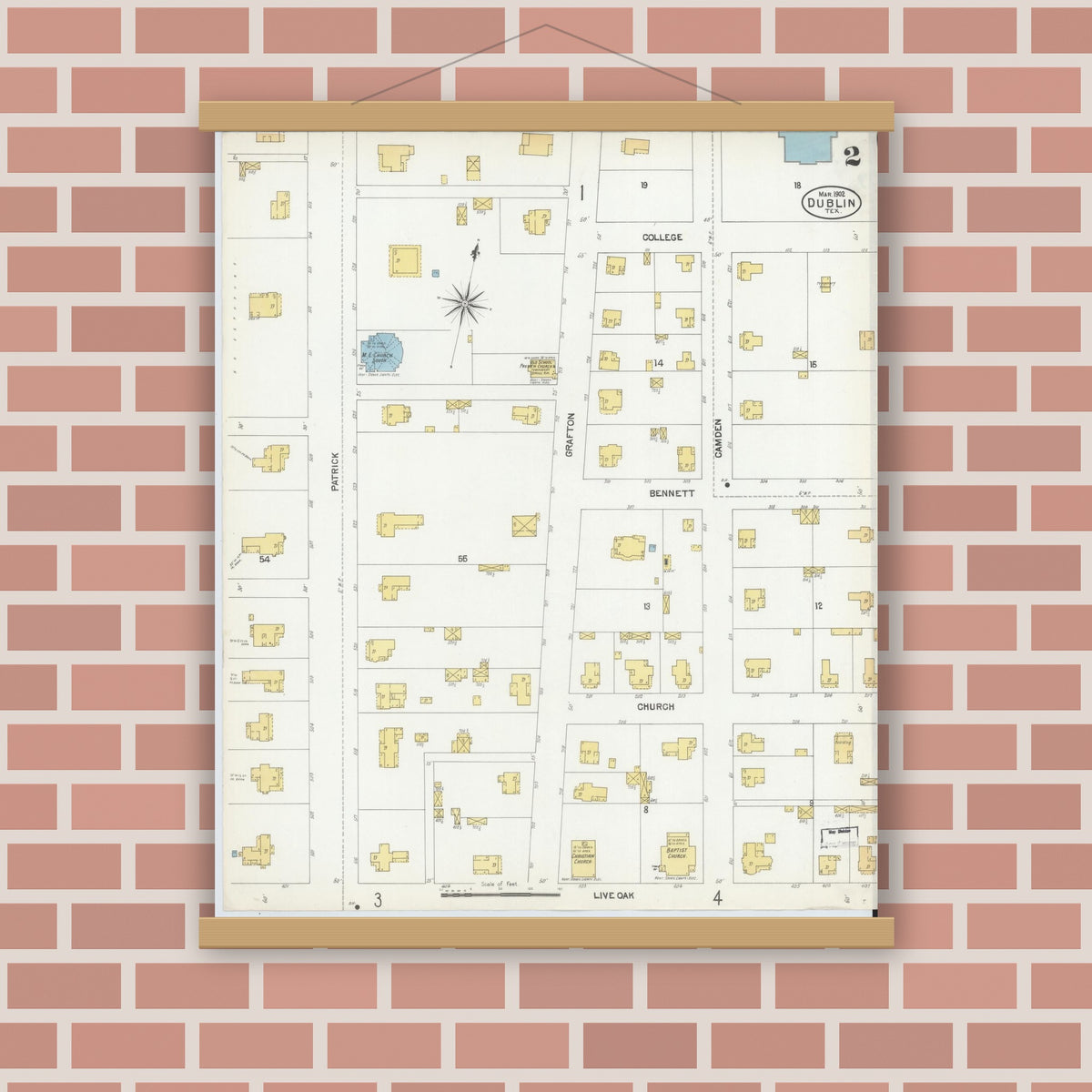 Old map wall art mockup — magnetic wood frame on brick wall — Sanborn Fire Insurance Map from Dublin, Erath County, Texas (1902), Sheet #0002