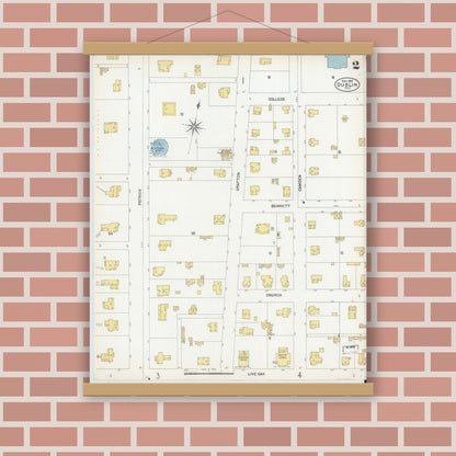 Old map wall art mockup — magnetic wood frame on brick wall — Sanborn Fire Insurance Map from Dublin, Erath County, Texas (1902), Sheet #0002