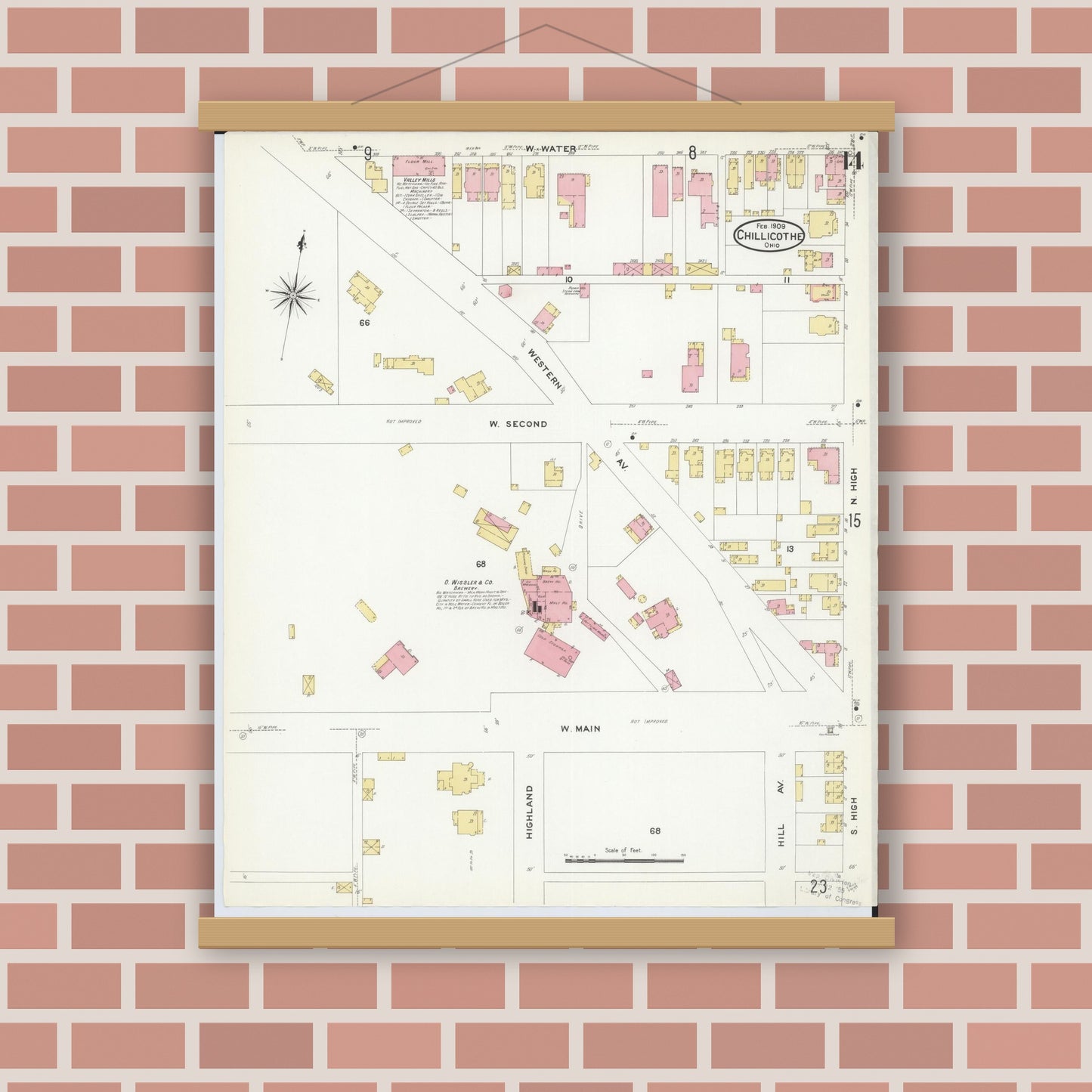 Old map wall art mockup — magnetic wood frame on brick wall — Sanborn Fire Insurance Map from Chillicothe, Ross County, Ohio (1909), Sheet #0014