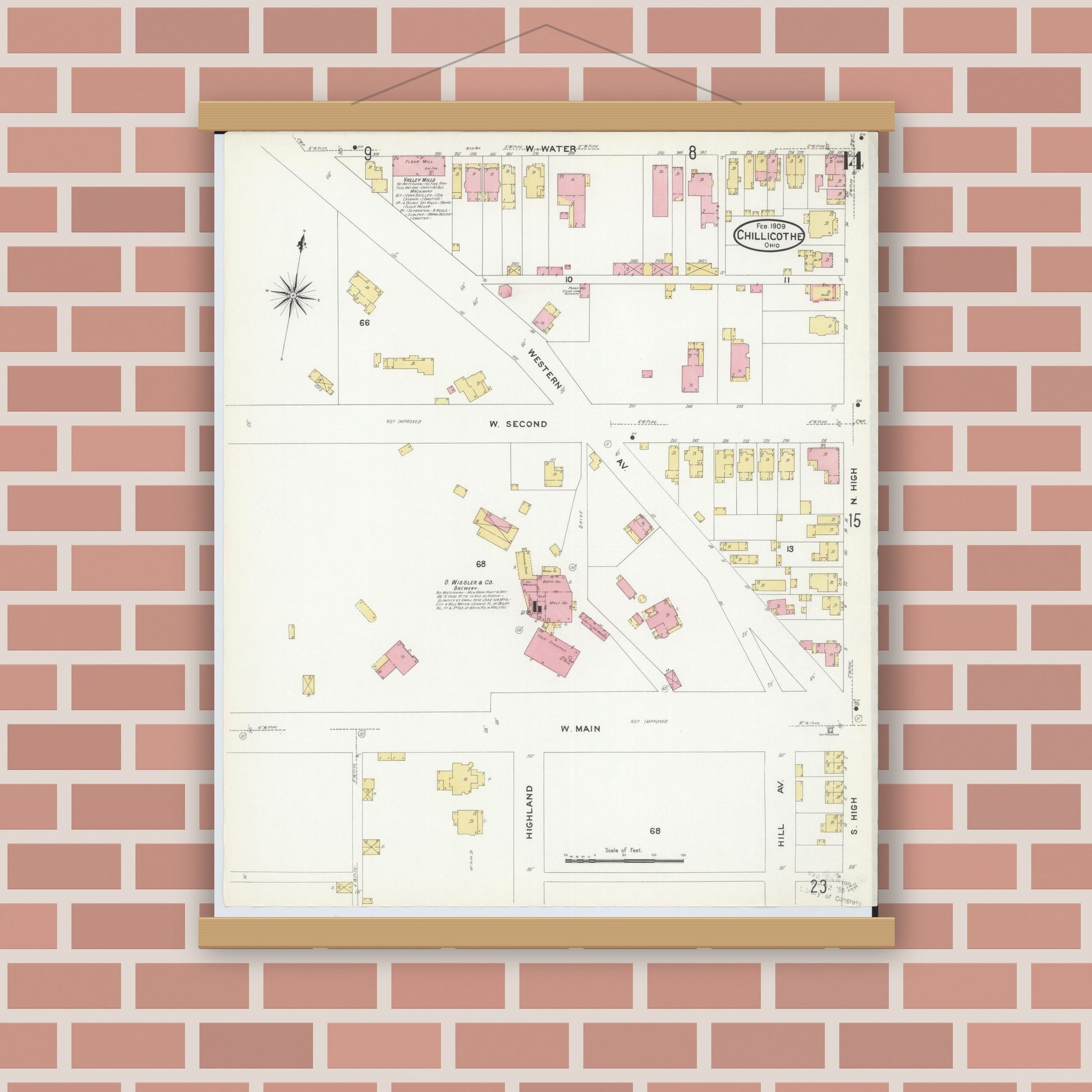Old map wall art mockup — magnetic wood frame on brick wall — Sanborn Fire Insurance Map from Chillicothe, Ross County, Ohio (1909), Sheet #0014
