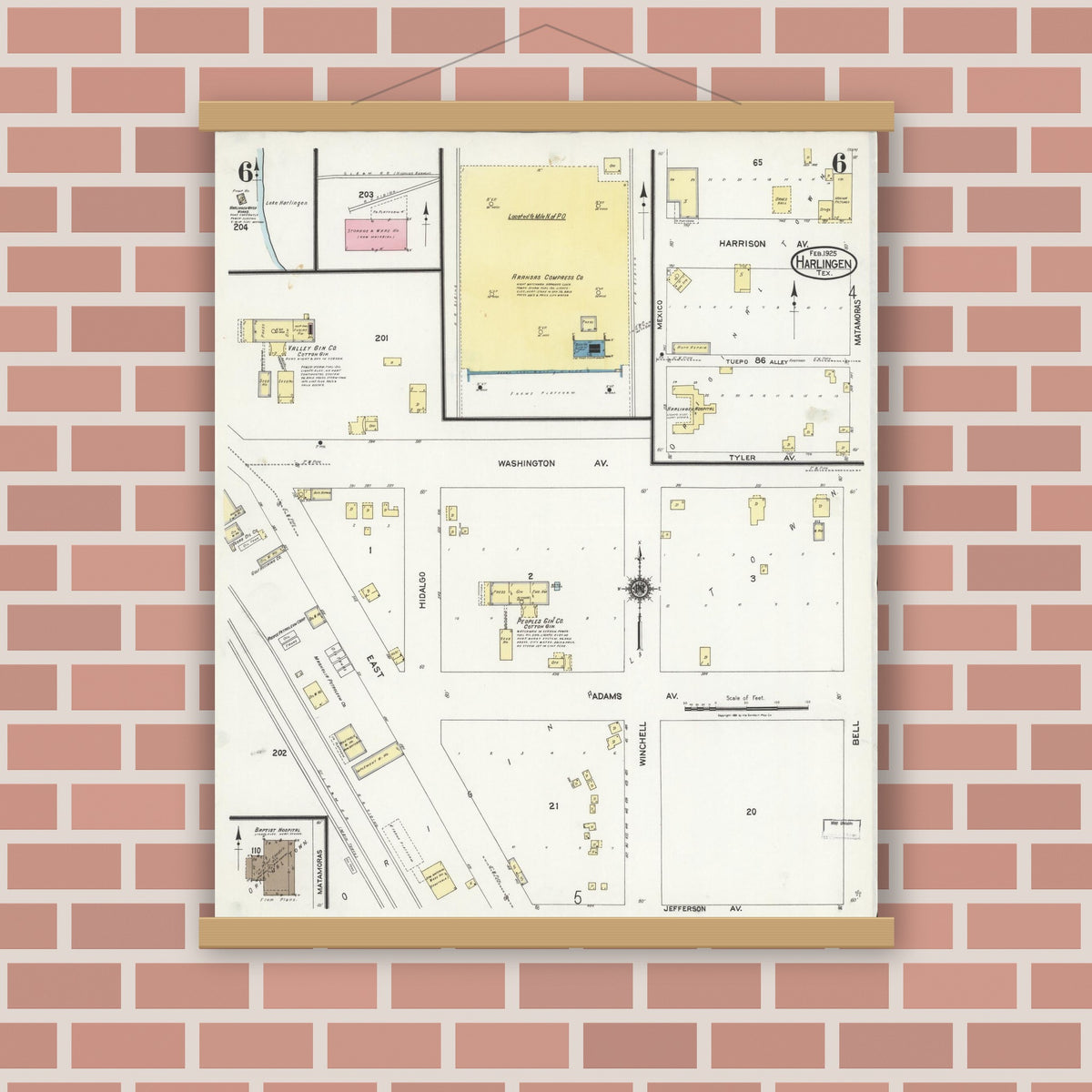 Old map wall art mockup — magnetic wood frame on brick wall — Sanborn Fire Insurance Map from Harlingen, Cameron County, Texas (1925), Sheet #0006