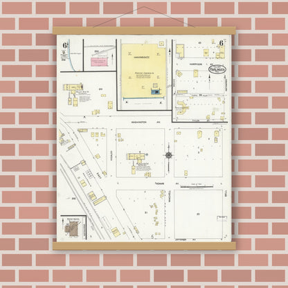 Old map wall art mockup — magnetic wood frame on brick wall — Sanborn Fire Insurance Map from Harlingen, Cameron County, Texas (1925), Sheet #0006