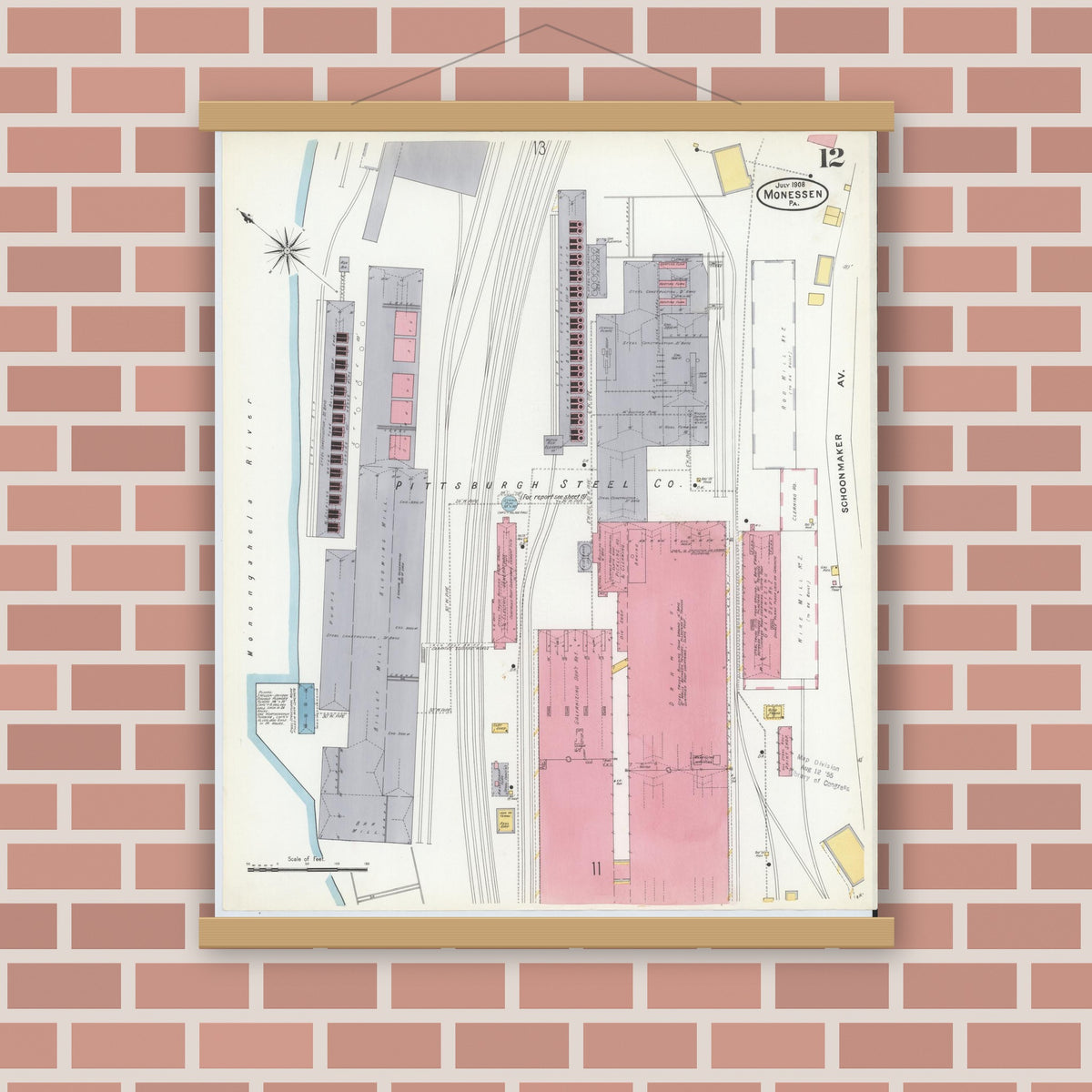 Old map wall art mockup — magnetic wood frame on brick wall — Sanborn Fire Insurance Map from Monessen, Westmoreland County, Pennsylvania (1908), Sheet #0012