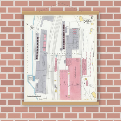 Old map wall art mockup — magnetic wood frame on brick wall — Sanborn Fire Insurance Map from Monessen, Westmoreland County, Pennsylvania (1908), Sheet #0012