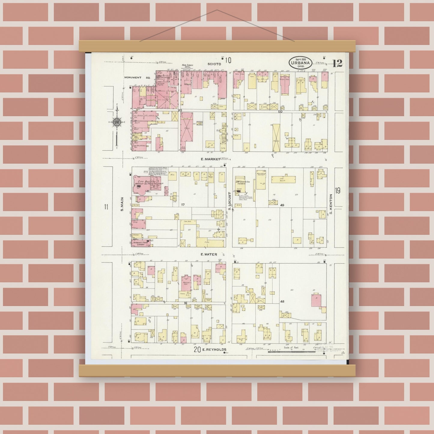 Old map wall art mockup — magnetic wood frame on brick wall — Sanborn Fire Insurance Map from Urbana, Champaign County, Ohio (1910), Sheet #0012