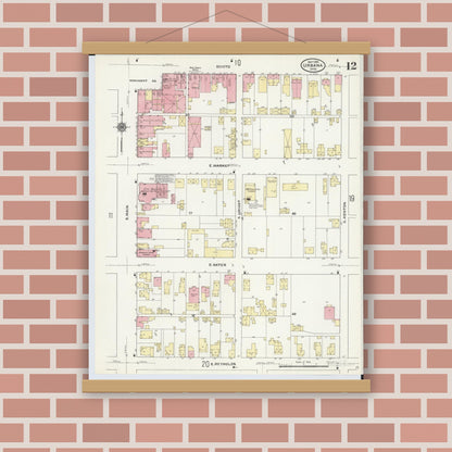 Old map wall art mockup — magnetic wood frame on brick wall — Sanborn Fire Insurance Map from Urbana, Champaign County, Ohio (1910), Sheet #0012
