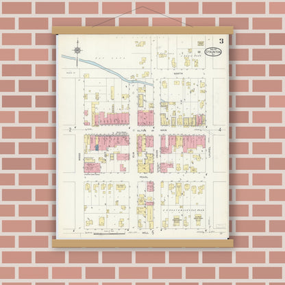 Old map wall art mockup — magnetic wood frame on brick wall — Sanborn Fire Insurance Map from Staunton, Macoupin County, Illinois (1913), Sheet #0003
