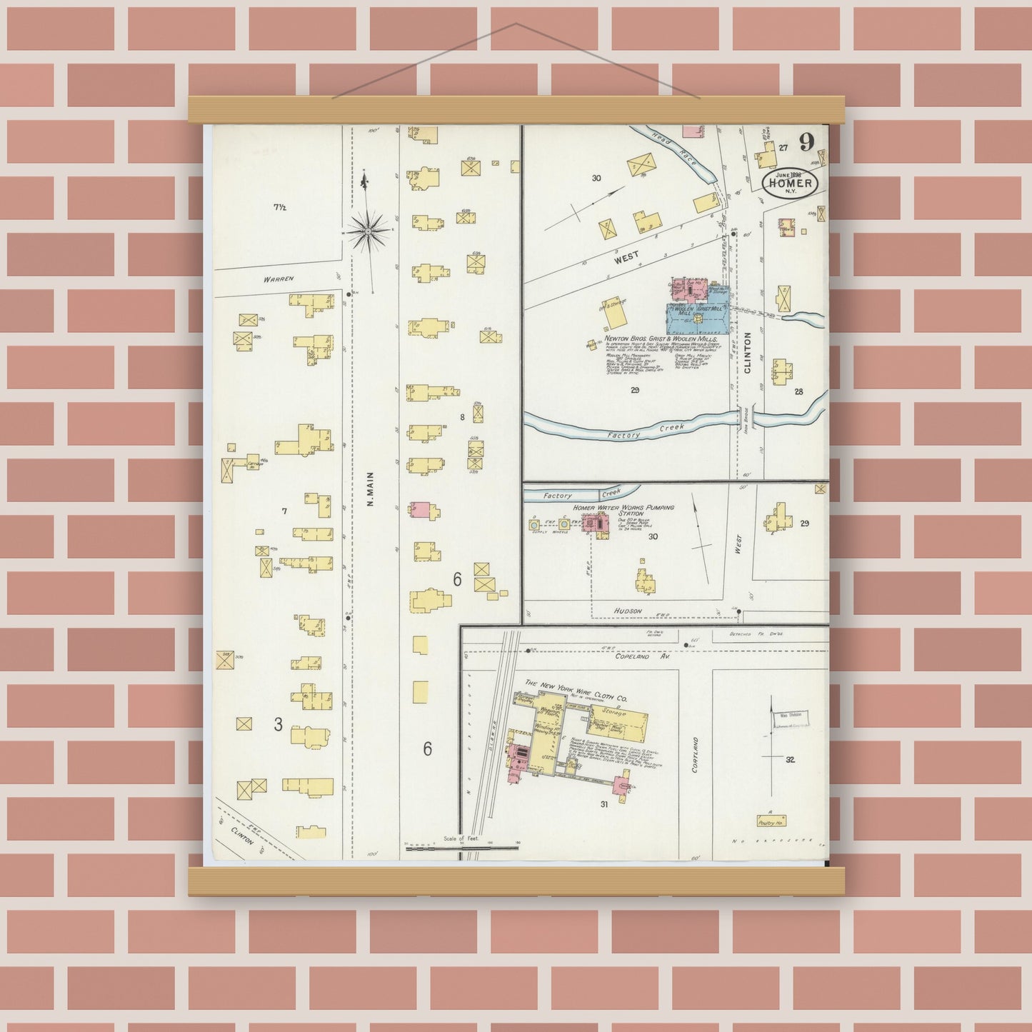 Old map wall art mockup — magnetic wood frame on brick wall — Sanborn Fire Insurance Map from Homer, Cortland County, New York (1898), Sheet #0009