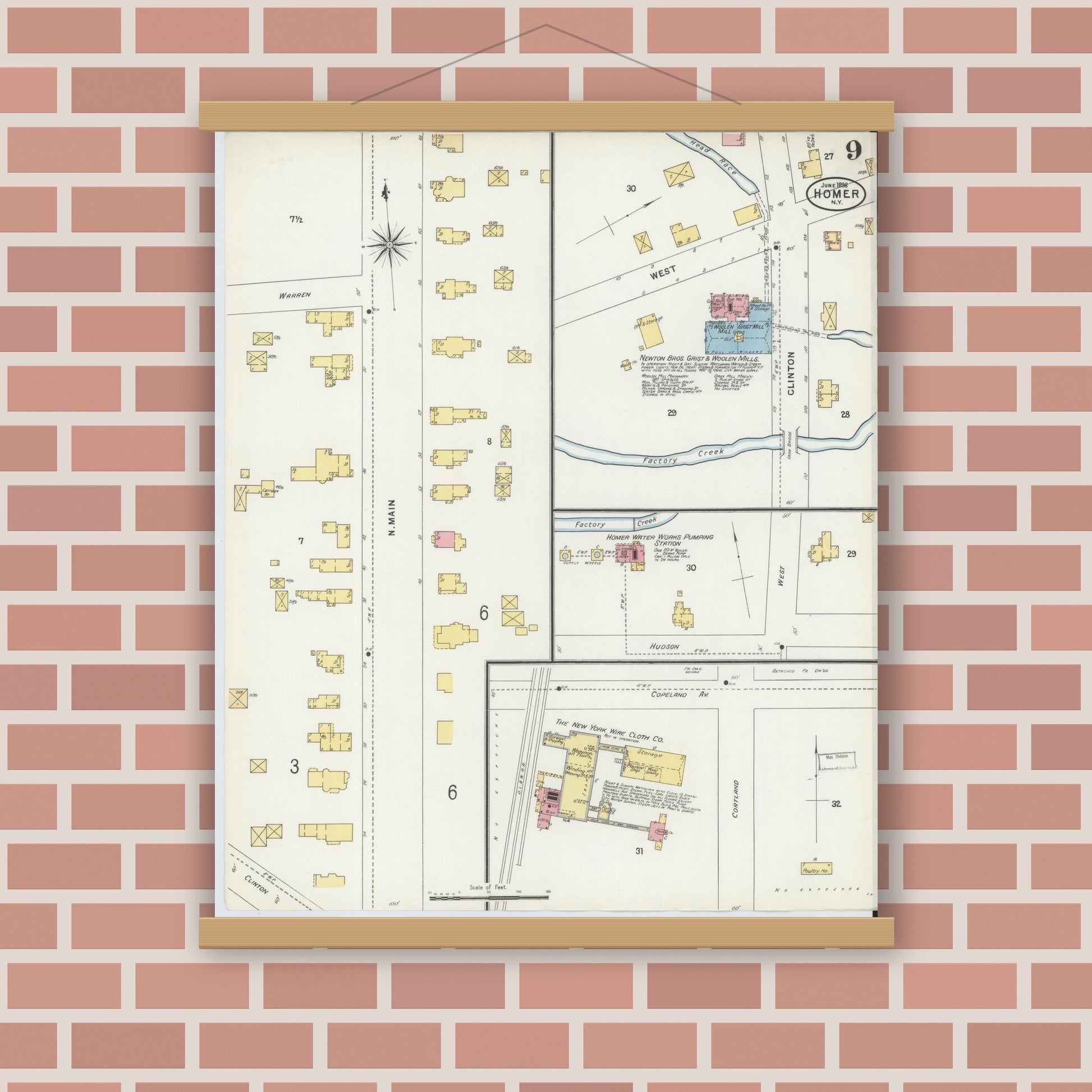 Old map wall art mockup — magnetic wood frame on brick wall — Sanborn Fire Insurance Map from Homer, Cortland County, New York (1898), Sheet #0009