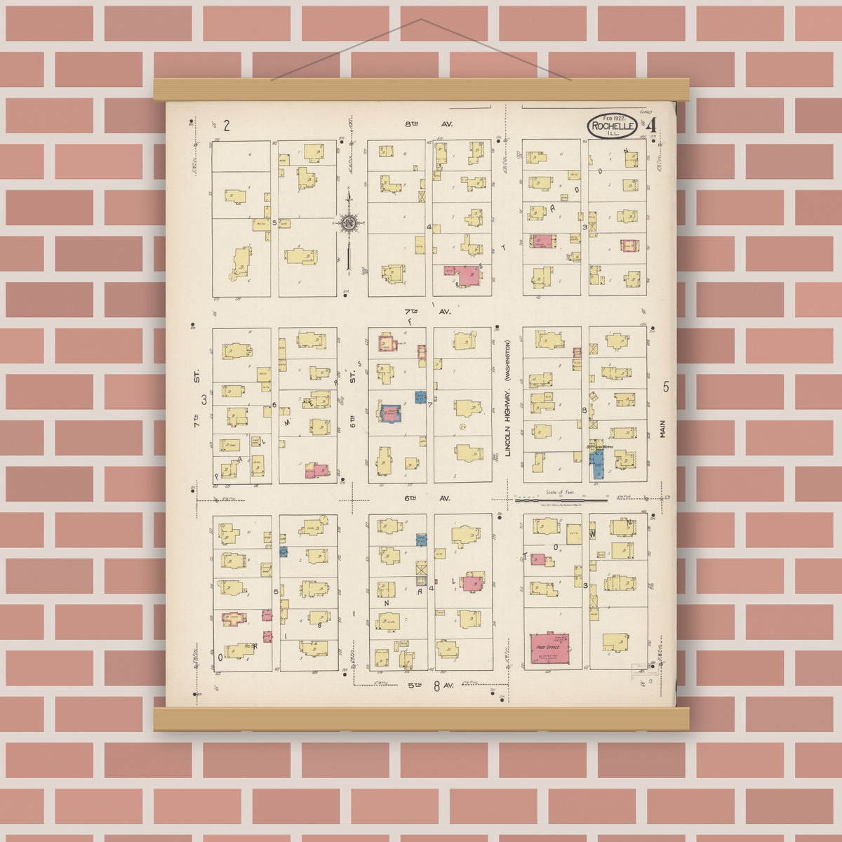 Old map wall art mockup — magnetic wood frame on brick wall — Sanborn Fire Insurance Map from Rochelle, Ogle County, Illinois (1922), Sheet #0004
