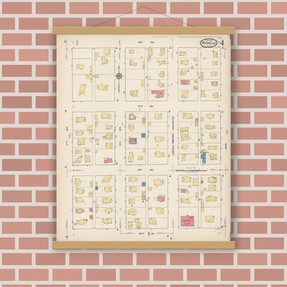 Old map wall art mockup — magnetic wood frame on brick wall — Sanborn Fire Insurance Map from Rochelle, Ogle County, Illinois (1922), Sheet #0004