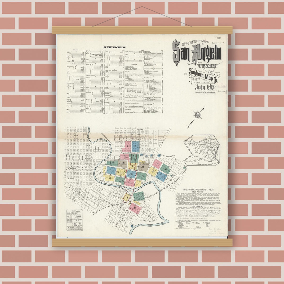 Old map wall art mockup — magnetic wood frame on brick wall — Sanborn Fire Insurance Map from San Angelo, Tom Green County, Texas (1913), Sheet #0001