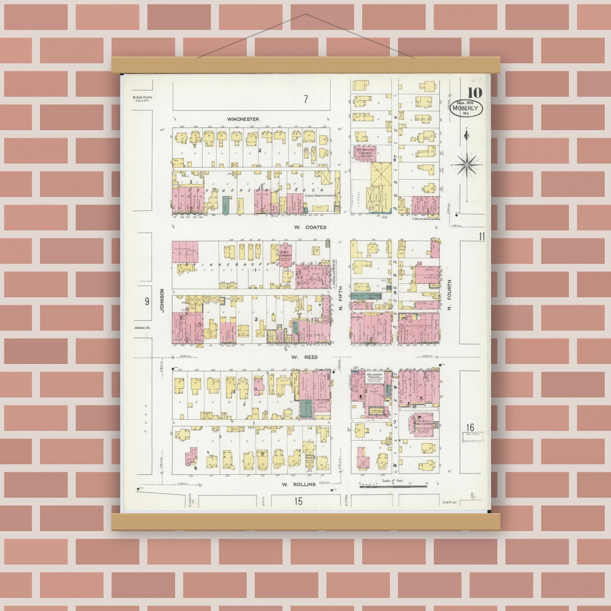 Old map wall art mockup — magnetic wood frame on brick wall — Sanborn Fire Insurance Map from Moberly, Randolph County, Missouri (1909), Sheet #0010