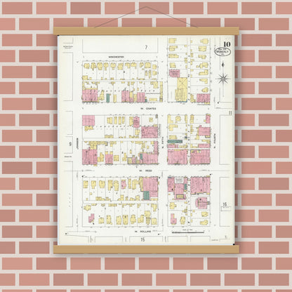 Old map wall art mockup — magnetic wood frame on brick wall — Sanborn Fire Insurance Map from Moberly, Randolph County, Missouri (1909), Sheet #0010
