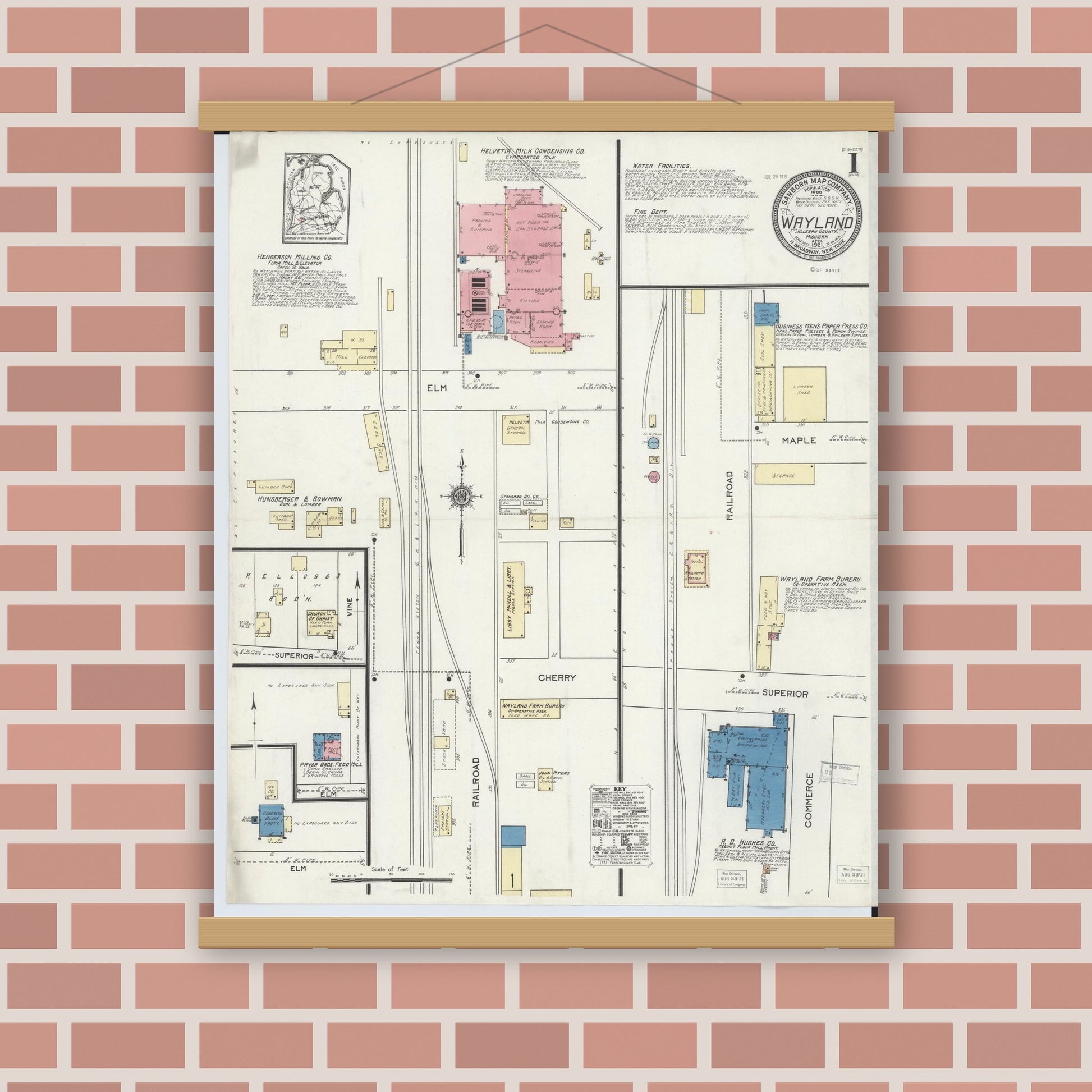 Old map wall art mockup — magnetic wood frame on brick wall — Sanborn Fire Insurance Map from Wayland, Allegan County, Michigan (1921) - Complete Map Set