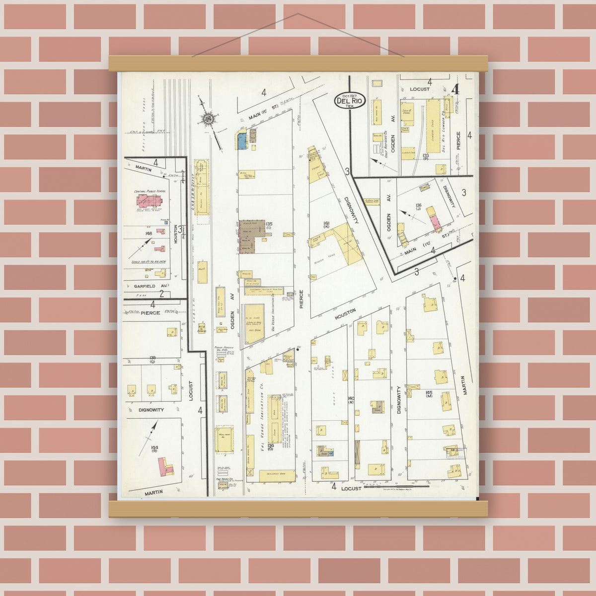 Old map wall art mockup — magnetic wood frame on brick wall — Sanborn Fire Insurance Map from Del Rio, Val Verde County, Texas (1917), Sheet #0004
