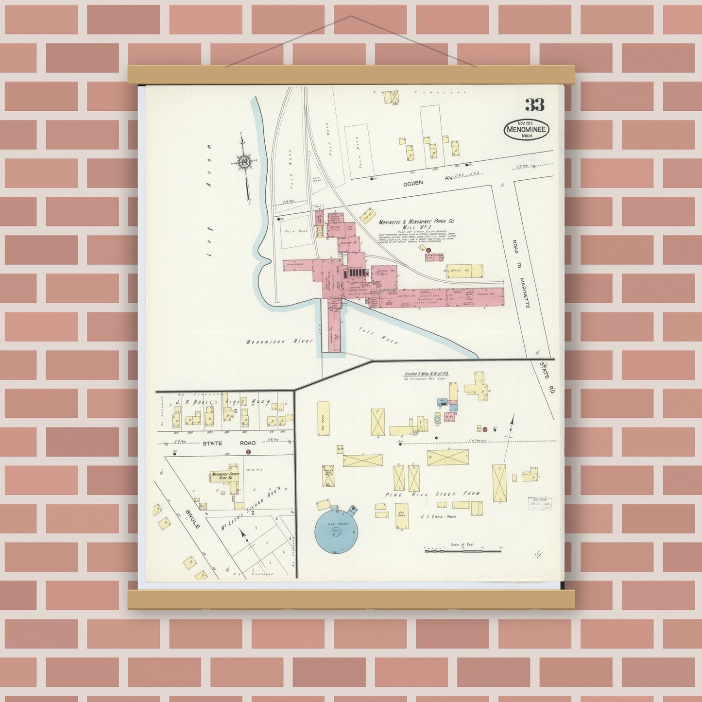 Old map wall art mockup — magnetic wood frame on brick wall — Sanborn Fire Insurance Map from Menominee, Menominee County, Michigan (1913), Sheet #0033