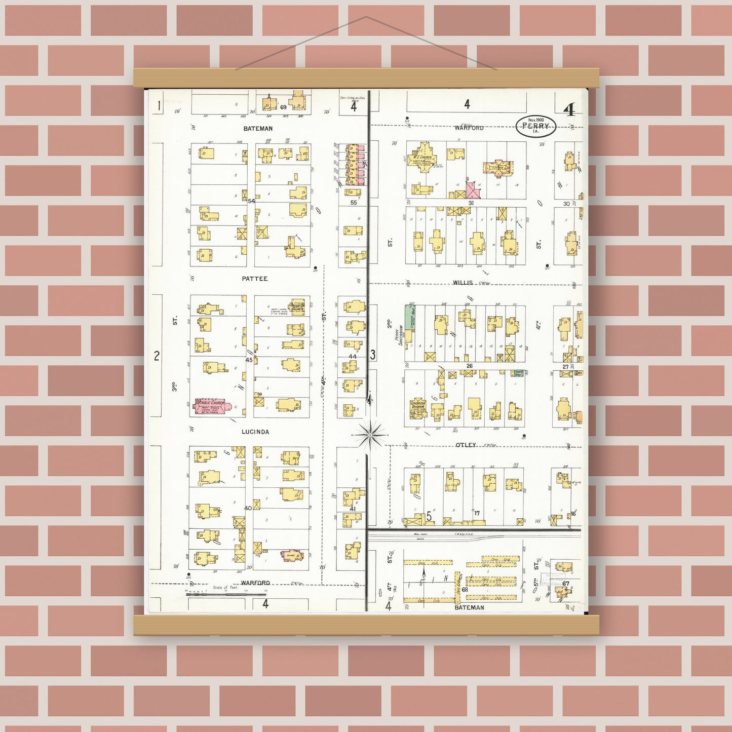 Old map wall art mockup — magnetic wood frame on brick wall — Sanborn Fire Insurance Map from Perry, Dallas County, Iowa (1900), Sheet #0004