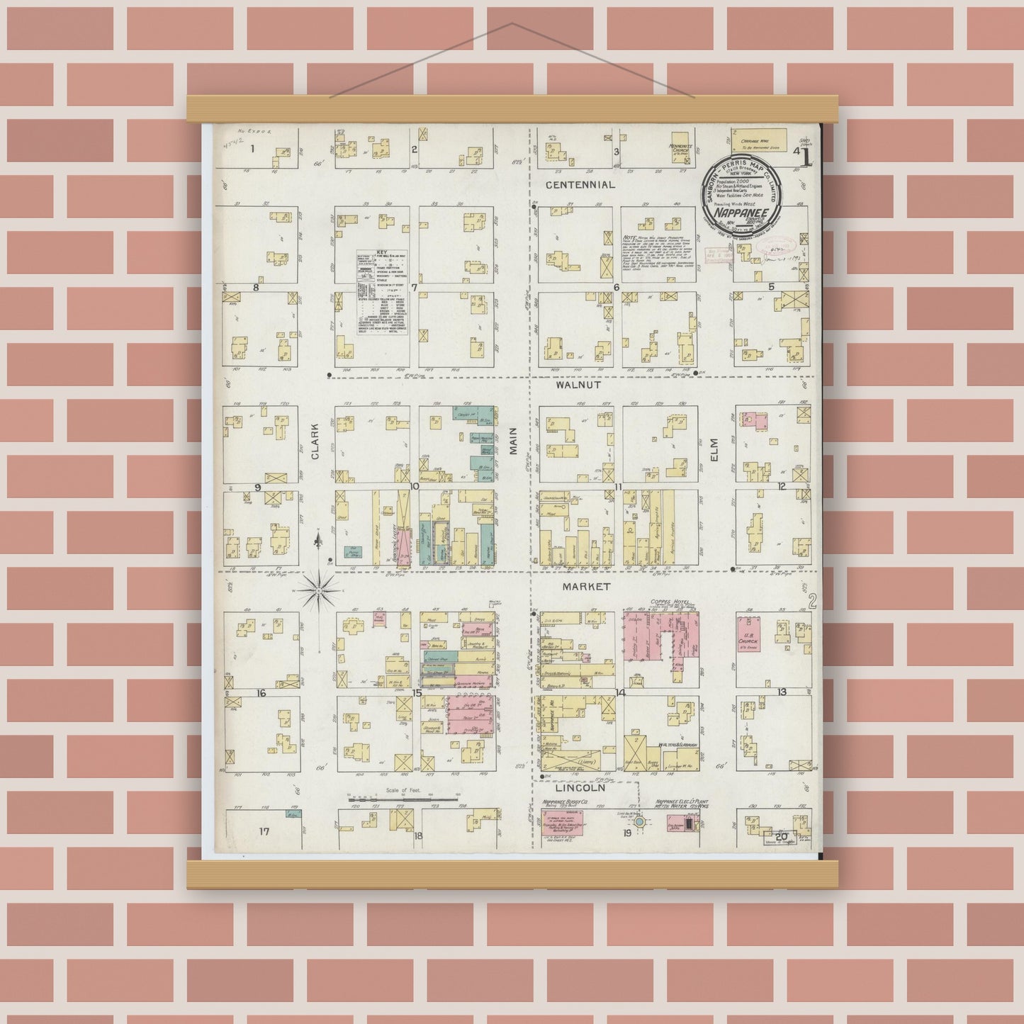 Old map wall art mockup — magnetic wood frame on brick wall — Sanborn Fire Insurance Map from Nappanee, Elkhart County, Indiana (1892) - Complete Map Set