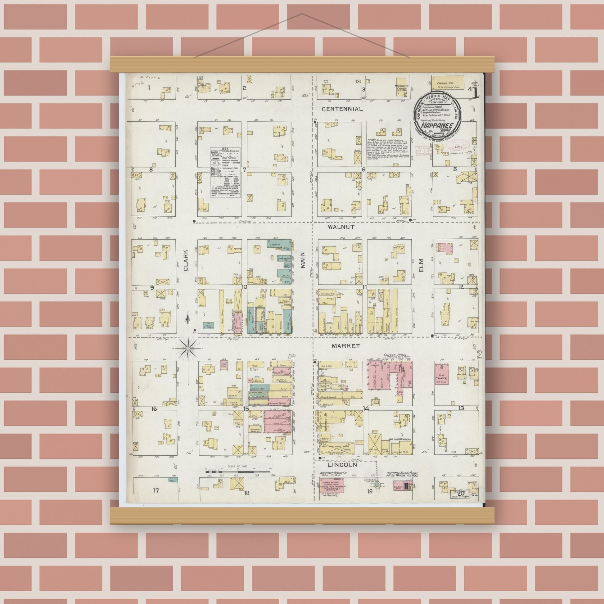 Old map wall art mockup — magnetic wood frame on brick wall — Sanborn Fire Insurance Map from Nappanee, Elkhart County, Indiana (1892) - Complete Map Set