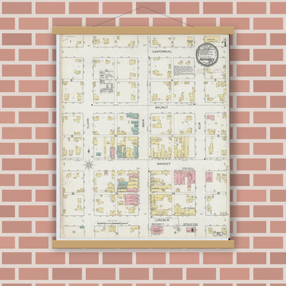 Old map wall art mockup — magnetic wood frame on brick wall — Sanborn Fire Insurance Map from Nappanee, Elkhart County, Indiana (1892) - Complete Map Set