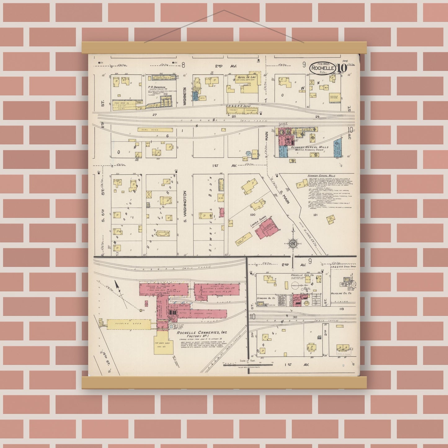 Old map wall art mockup — magnetic wood frame on brick wall — Sanborn Fire Insurance Map from Rochelle, Ogle County, Illinois (1922), Sheet #0010